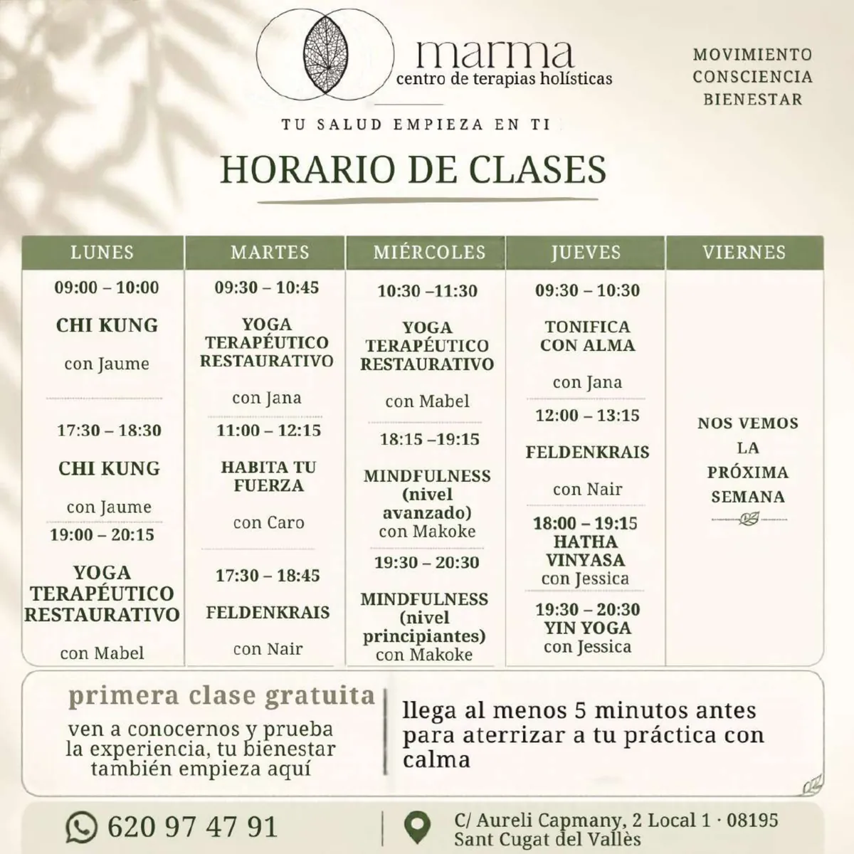 Horario de clases semanales en MARMA, octubre 2026